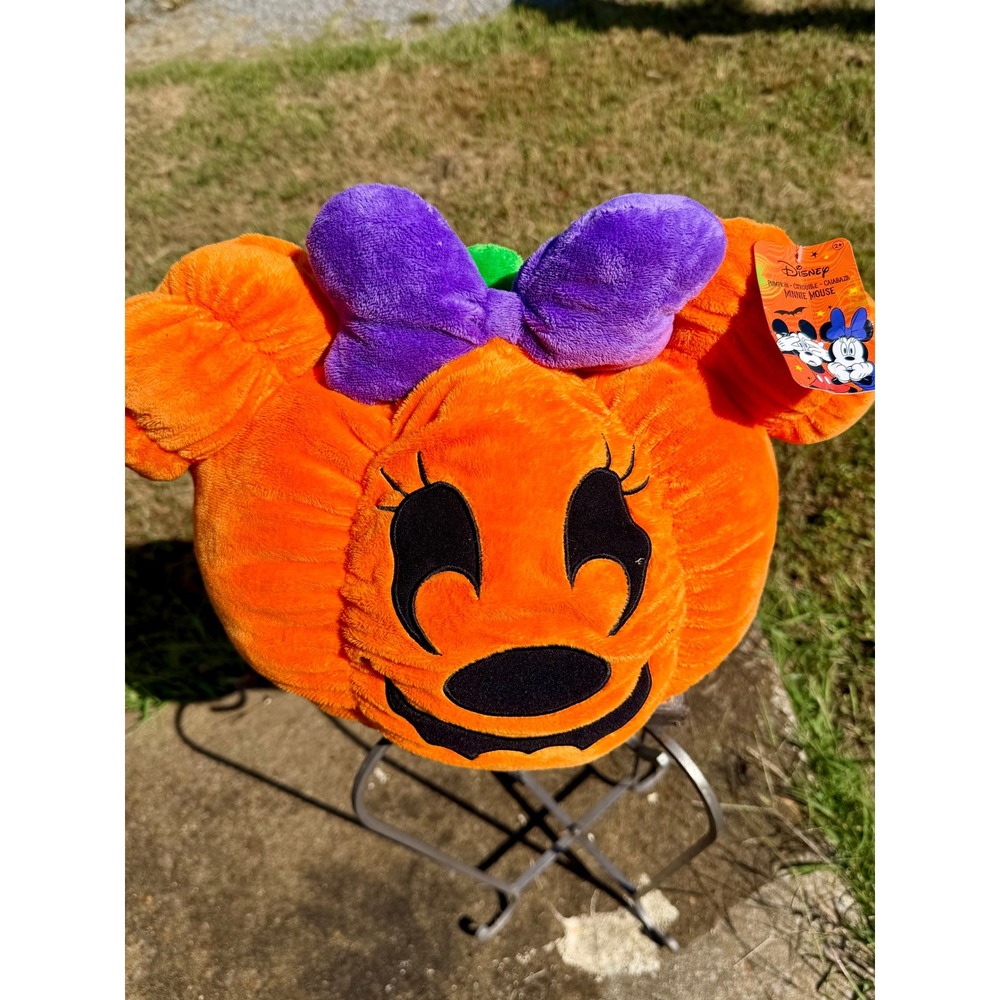 Disney Minnie Mouse Halloween Pumpkin Plush Orange Jack-O-Lantern Purple Bow NWT